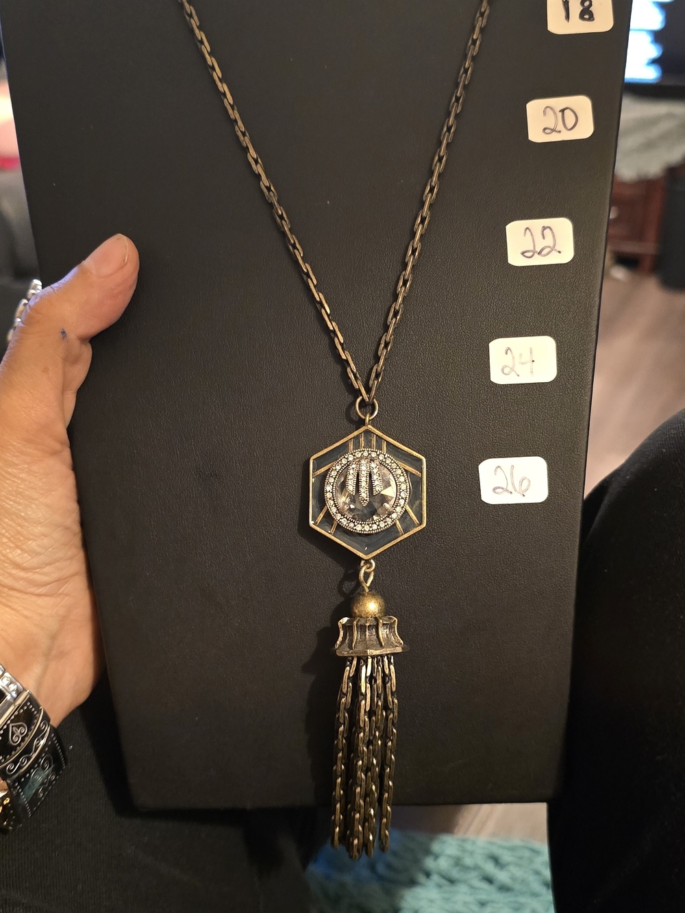 Lulu Frost Antique Gold Hexagon Tassel Necklace with Crystal Accent